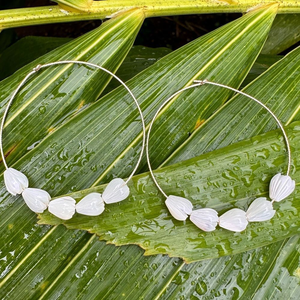 Rose Gold Filled Sparkle Wire Mother of Pearl Pikake 1” Hoops Handmade